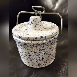 Farm House Chic Speckled Blue and White Stoneware Crock With Metal Closure EUC
